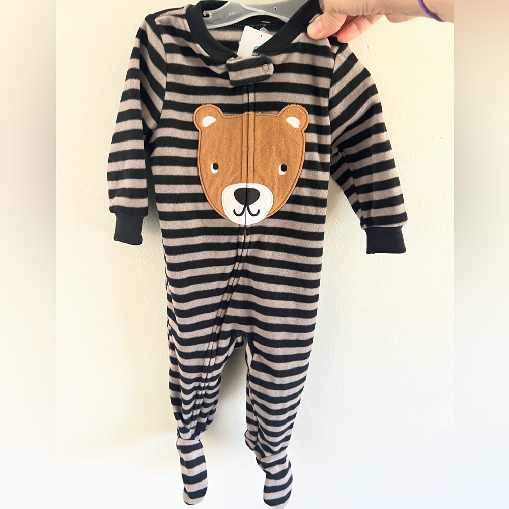 Striped Teddy Bear Fleece Footie PJs